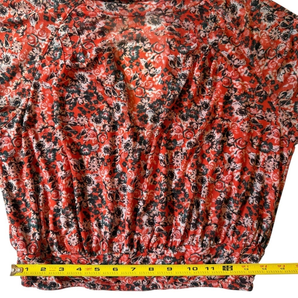 Free People All Dolled Up Top Red Combo Open Back Sheer Tie Cuffs Size Medium - Picture 12 of 13